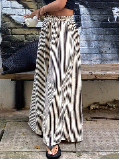 Casual Women'S Striped Wide-Leg Trousers Made Of, Featuring an Elastic Waistband, Machine Washable Fabric, Vertical Stripes, And Suitable for Comfortable Wear Throughout The Year