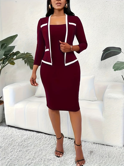 Stylish 2-In-1 Bodycon Dress with Contrast Trim - Long Sleeves, Form-Fitting, Suitable for Office And More - Women'S Professional Attire
