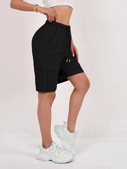 2pcs Women's American Workwear Cargo Shorts - Lightweight Straight-Leg with Multiple Pockets, Adjustable Drawstring Waist, Machine Washable Casual Mid-Thigh Length for Spring Summer Fall, Everyday Comfort, Functional Design, Durable Fabric