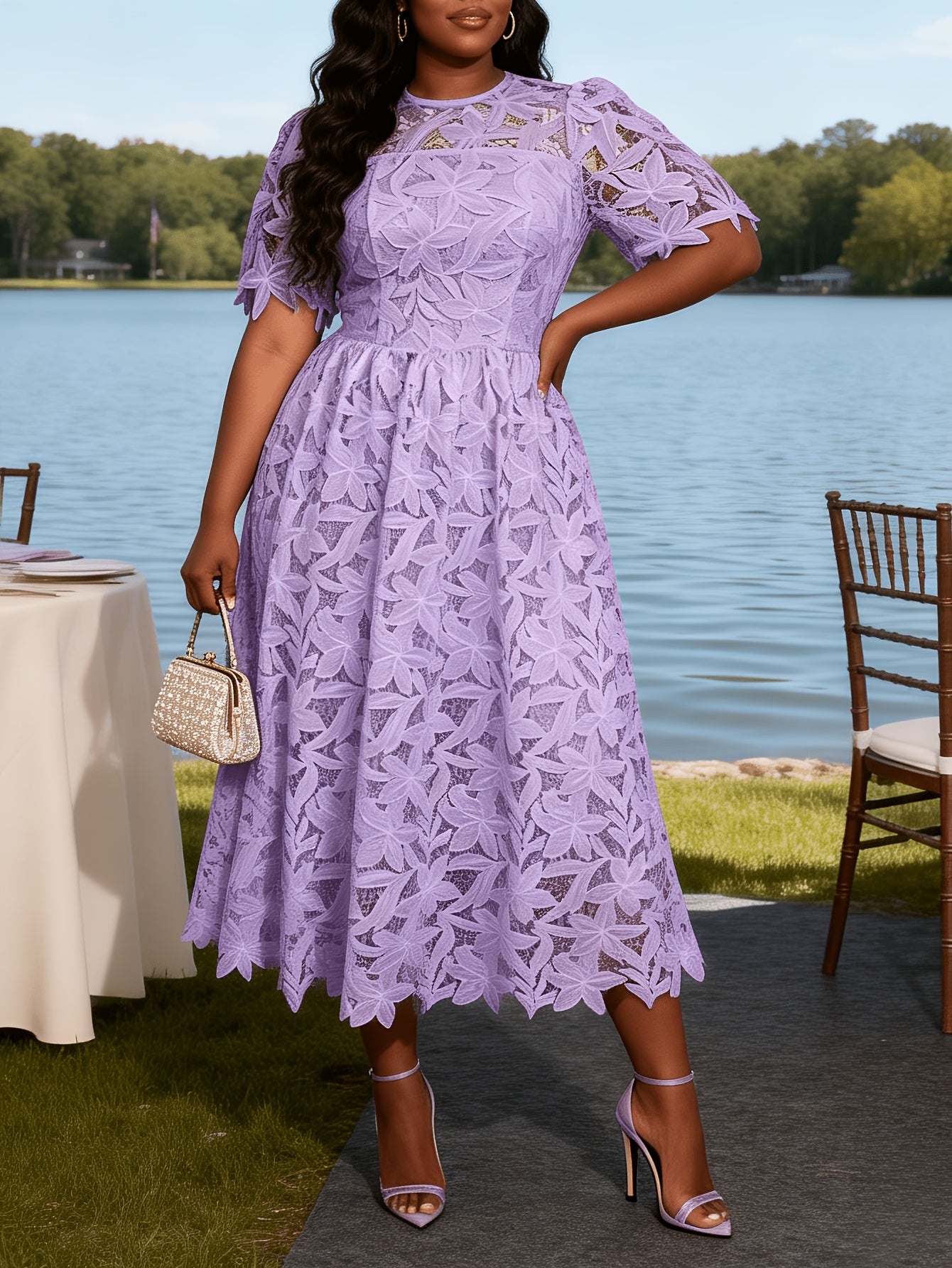 Plus Size - Plus Size - Plus Size Round Neck Lace Dress, Elegant Midi Length with Waist Definition, Formal Banquet And Evening Gown