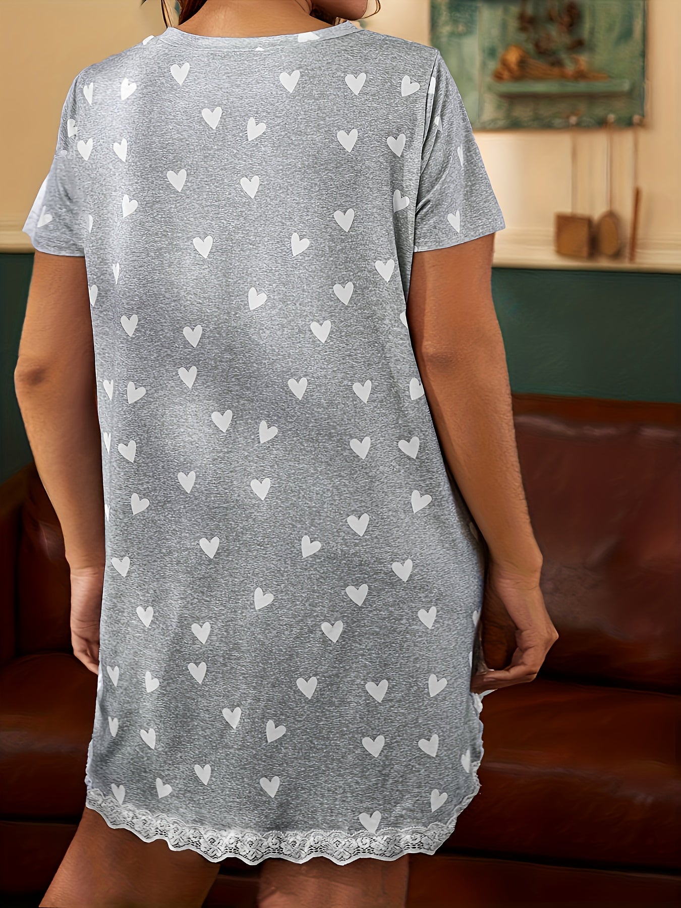 Women's Plus Size Sleepwear, Nightgown Set, Lace Spliced Love Print Nightdress Skirt