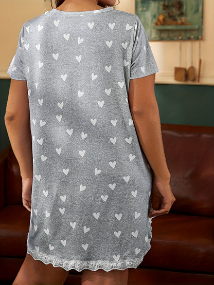 Women's Plus Size Sleepwear, Nightgown Set, Lace Spliced Love Print Nightdress Skirt