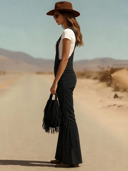 Vintage Fringe Detail Overalls, Loose Wide Leg Design, Fashion Youthful Casual Style, Daily Outing Travel Outfit, Versatile Multi-Occasion Wear