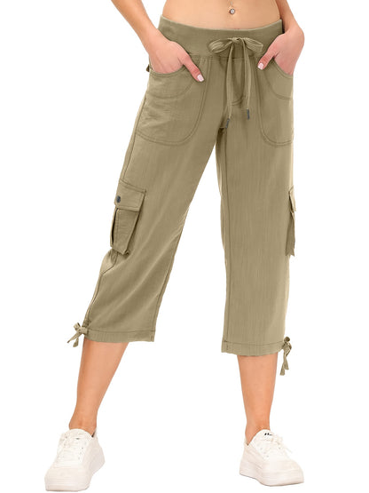 Women's Cargo Capri Hiking Pants Quick Dry Lightweight Travel Casual Workout 50+ Button Pockets