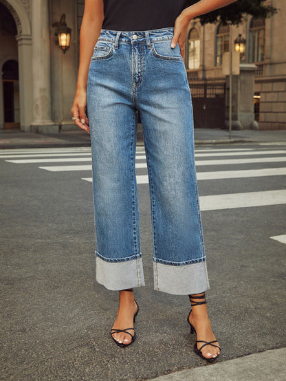 Women's Stretch Straight Jeans - 2025 Summer New Quality Retro Curled High-waisted Trousers