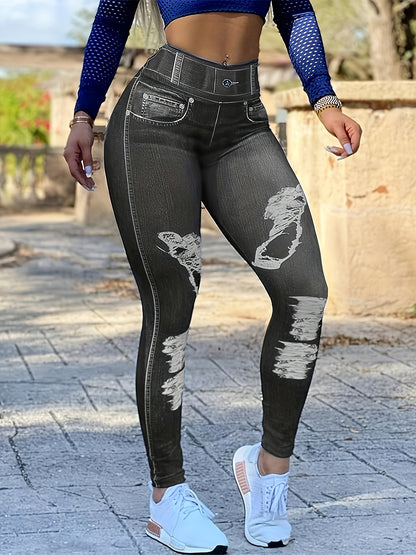 [Printed Pants - Not Denim Fabric] 3pcs Women's High Waist Skinny Faux Denim Leggings - Stretchy Faux Denim Pants, All-Season Comfort, Casual Everyday Faux Denim|Fashionable Faux Denim|Stretchy Fabric