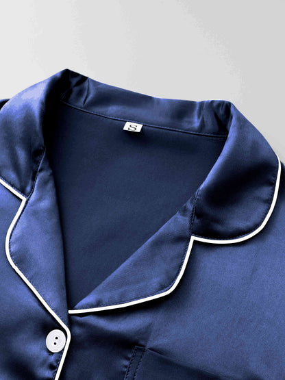 Women's Satin Casual Comfortable 1 Set 2pcs Pajama Outfit, Turn- Collar Long Sleeve Top & Elastic Waistband Trousers Women's Sleepwear