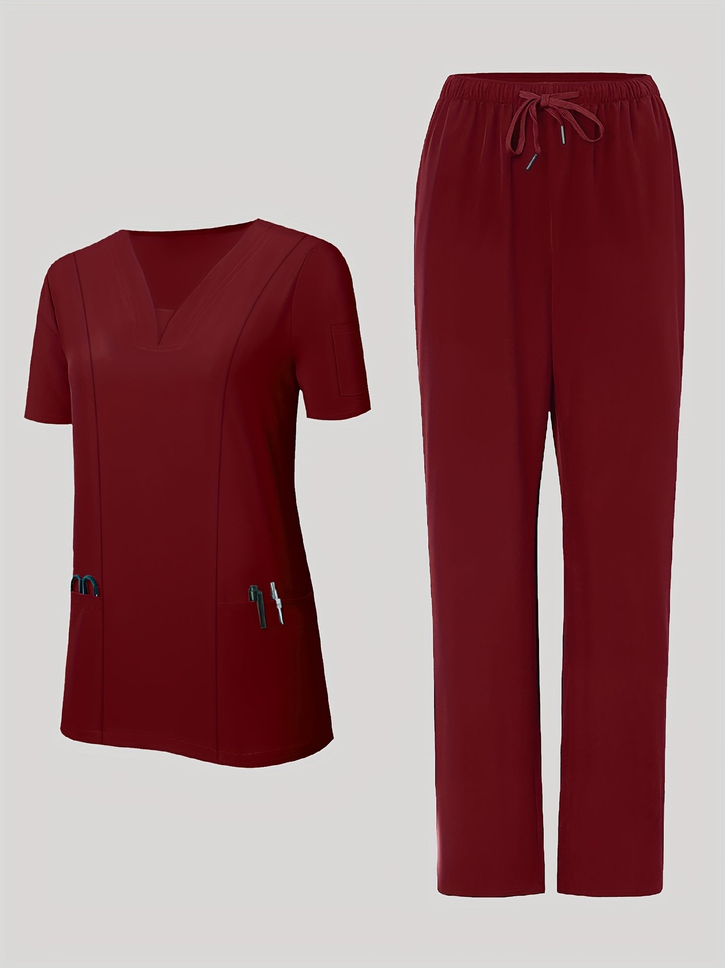 2pcs Women's Breathable V-Neck Work Uniform - Machine Washable Pocket Detail Matching Top & Pants, Casual Work Clothes Suitable for Work Uniforms, Healthcare, Education, Retail - Comfortable Professional Attire