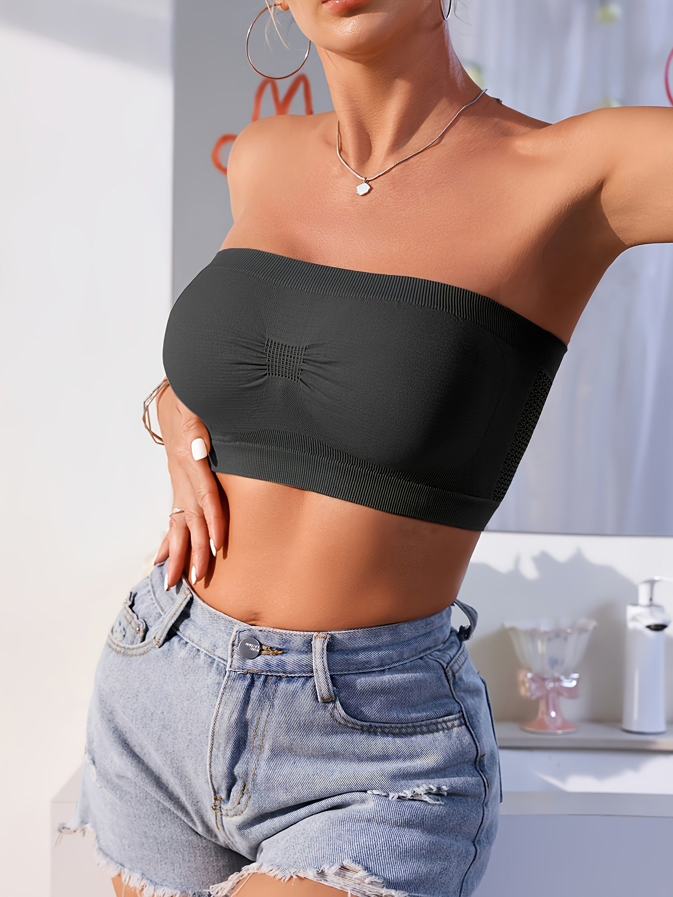 5pcs Women's Strapless Push Up Bandeau Bra - Wireless Seamless No-Underwire Suitable for Daily Layering, Cropped Breathable Comfort Bra with Medium Lift, Solid Color No-Pad for Casual Wear & Strapless Outfits