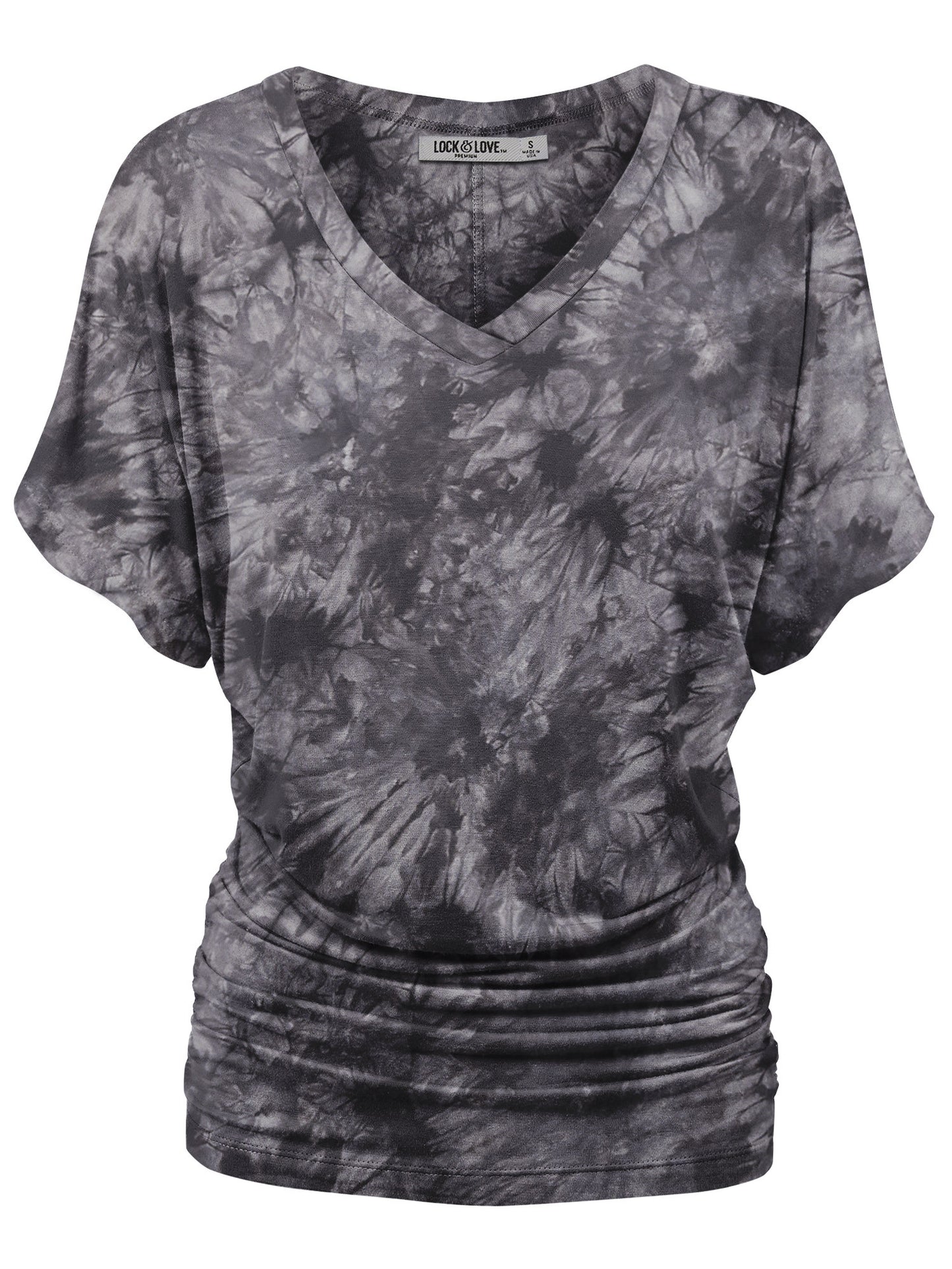 Women's Short Sleeve V Neck Tie-Dye Dolman Top w/Side Shirring