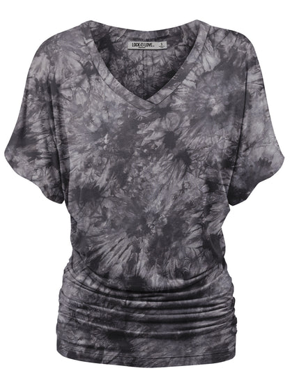 Women's Short Sleeve V Neck Tie-Dye Dolman Top w/Side Shirring