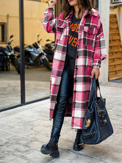 Autumn And Winter Long Trench Coat with Side Slits, Notch Collar, Casual And Comfortable, Tailored Fit, Women's Plaid Coat.