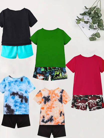 Five Combinations of Shorts And T-Shirts for Boys Showcasing a Trendy Dinosaur And Off-Road Vehicle Design, Ideal for Casual Summer Outings And Outdoor Activities, for Outdoor
