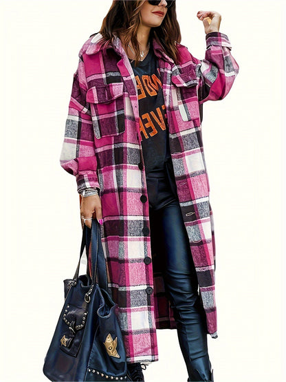 Autumn And Winter Long Trench Coat with Side Slits, Notch Collar, Casual And Comfortable, Tailored Fit, Women's Plaid Coat.