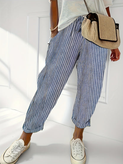 Women's High-Waisted Casual Wide Leg Pants - Lightweight Polyester, Machine Washable, All-Season Comfort with Side Stripe Detailing, 3/4 Length Relaxed Fit for Casual Attire, Comfy Pants, Versatile Wardrobe Staple, Stylish Stripe Detailing, Durable Constr