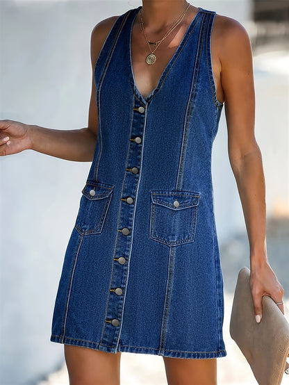 V-neck Single Breasted Flip Pocket Sleeveless Denim Dress