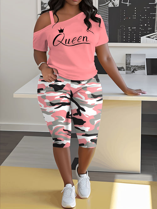 Plus Size - Ladies Plus Size Daily Casual One-Shoulder Short Sleeve Two-Piece Outfit, Diagonal Shoulder Design, Slim Fit Camouflage Pants Suit With Letter Print.