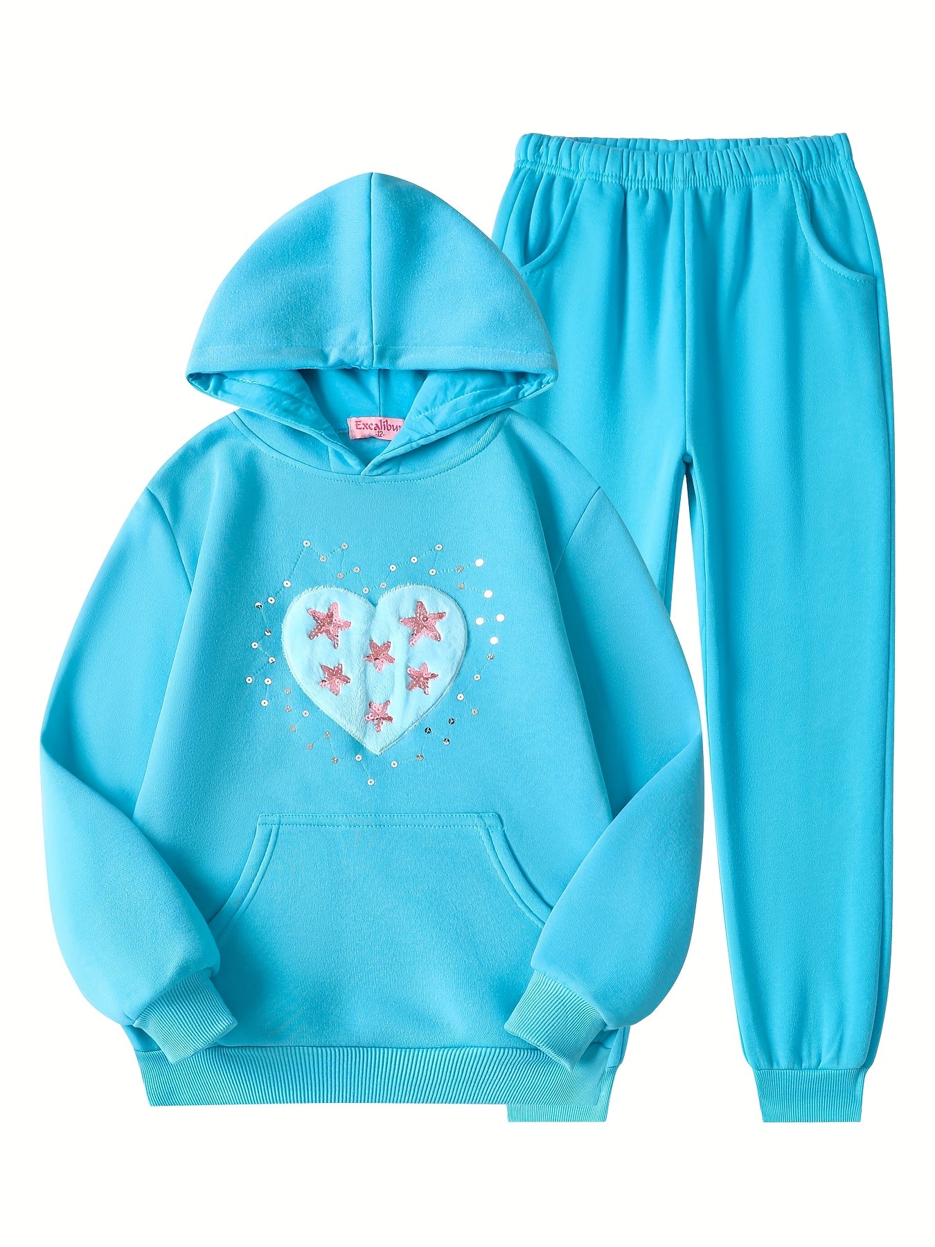 6pcs 3 Sets New Fall And Winter Girls' Velvet Thickened Hooded Sweatshirt Printed with Love Flowers And Roses Korean Fashion Combination, Suitable for Outdoors, Perfect for Outdoor
