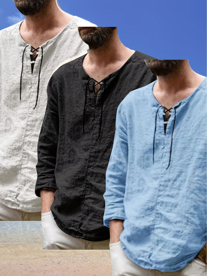 Collection of 3 Lightweight Summer Shirts for Men Featuring a Trendy Retro Design, Perfect for Casual Everyday Wear with Long Sleeves And a V-Neck Lace-Up Style