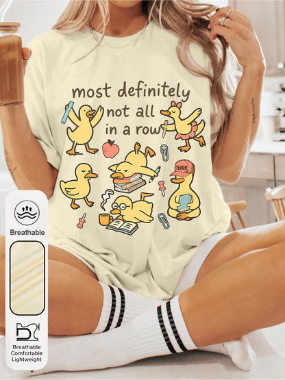 Women's Cute Duck and "Row Duck" Slogan T-shirt-Yellow Short Sleeve Round Neck Top, with Theme Duck(Books, Pencils, Apples)-Breathable Summer Spring Casual Wear, Suitable for Teachers, Activities and Daily Wear