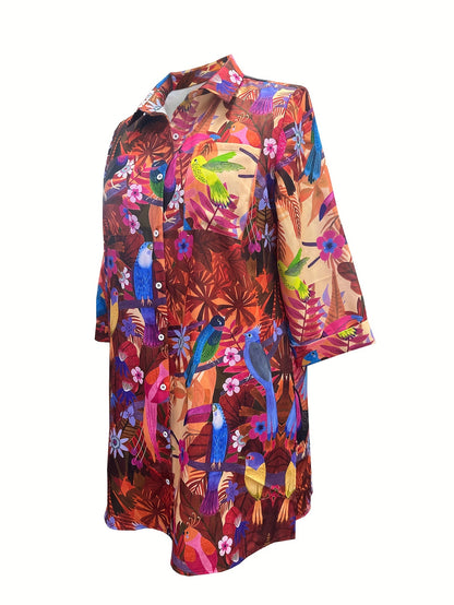 Plus Size Plant Print Button Front Loose Dress, Casual Collared Long Sleeve Dress For Spring & Fall, Women'S Plus Size Clothing