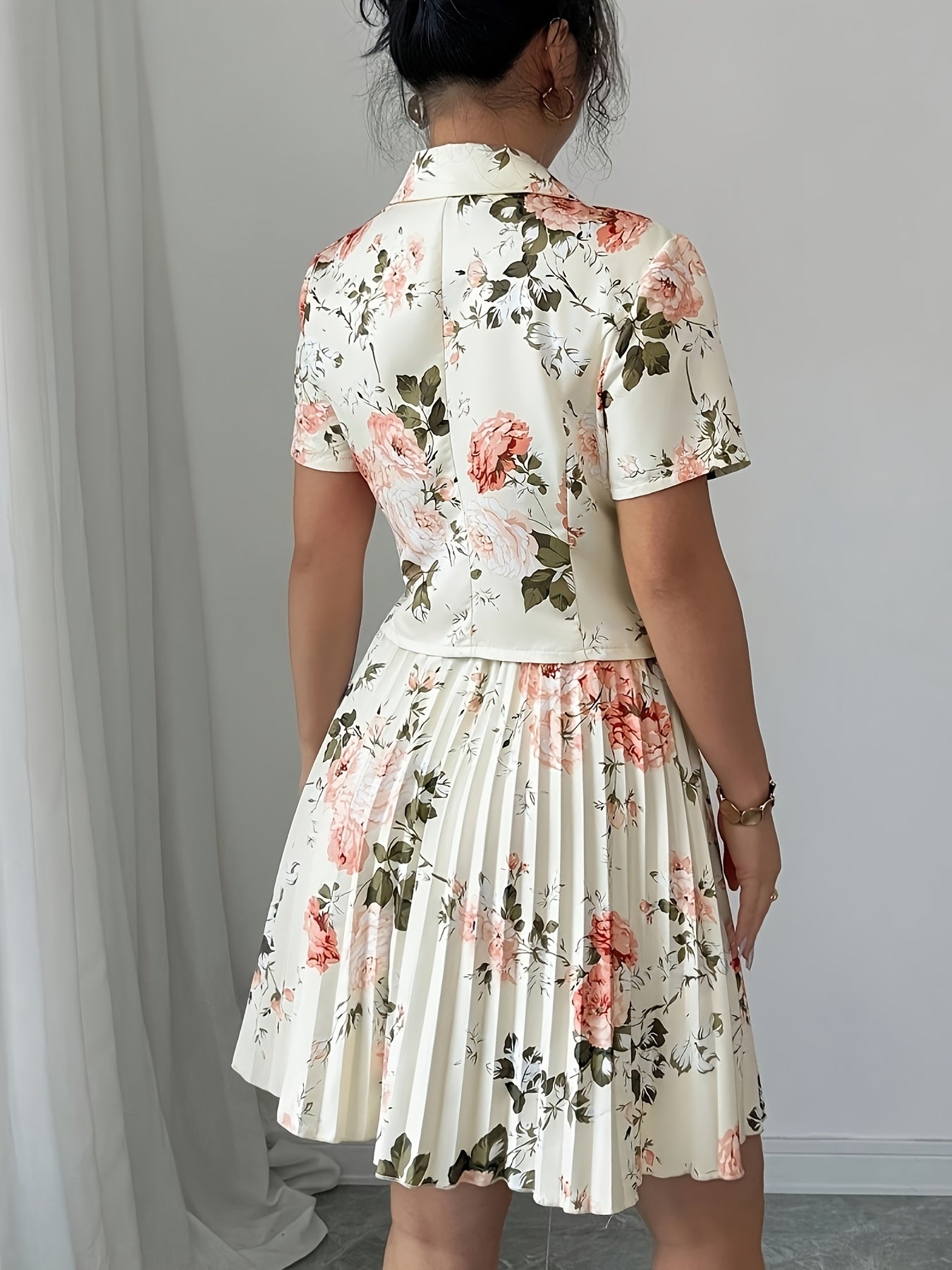 Romantic Date Beige Pink Rose Print Blazer Neck Dress, Short Sleeve Waist Pleated Hem, Slimming Breathable, Valentine Date Party Look, Gentle Women & Couples, Floral Print Blazer Dress