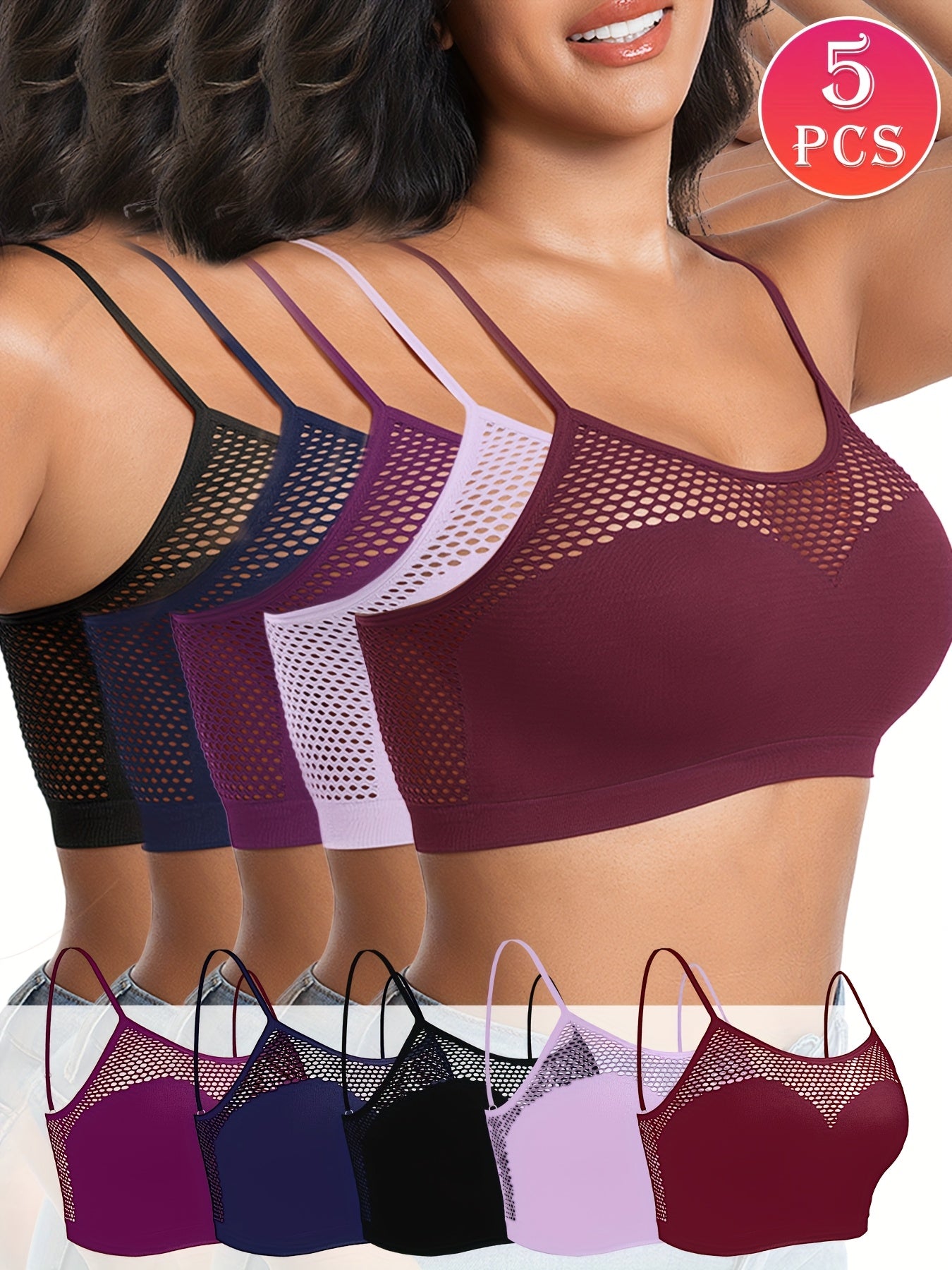 Set of 5 Colorful Women'S Casual Sports Bras, Designed Without Wires Or Padding for Daily Use, Showcasing an Alluring Fishnet Pattern That Accentuates The Bust, a Lovely Back, And Adjustable Straps