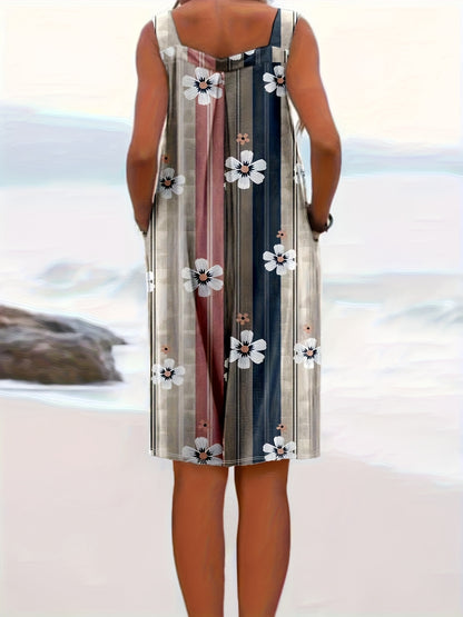 Women's Spring Summer Vacation Style Casual Short Sleeve Jumpsuit - Striped Color Block Floral Print Square Neck Button Front with Side Pockets, Machine Washable Lightweight Beachwear for Women, Holiday Outfit, Nontransparent Fabric