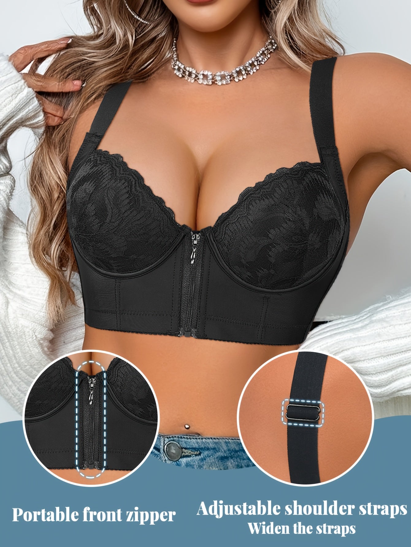 Daily Style Zipper-front Women's Back-supporting Bra with Wide Shoulder Straps, Gathering Straps And Steel Band Support