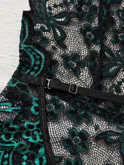 Halter Neck Lace Contrast Color Sexy Lingerie Women's Sexy Clothing Crotchless Deep V Open Back Design Tights