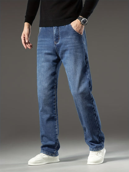 Men's Warm Fleece Stretch Jeans, Loose Casual Fleece Jeans, Straight Mid-waist Fashionable Versatile Jeans, Suitable For Daily, Business, Outdoor
