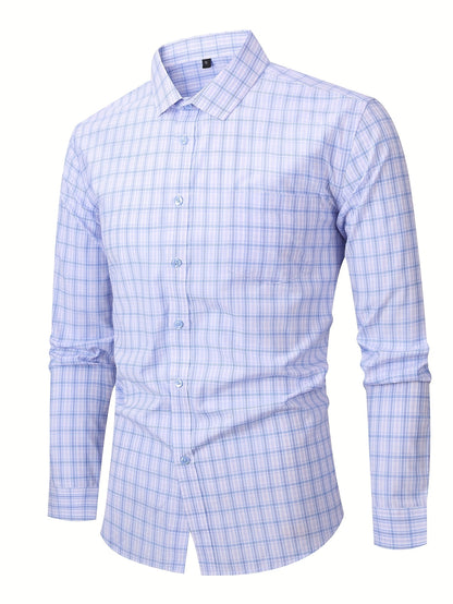 Men's Navy Blue & White Plaid Cotton Long-Sleeve Shirt - product view 25
