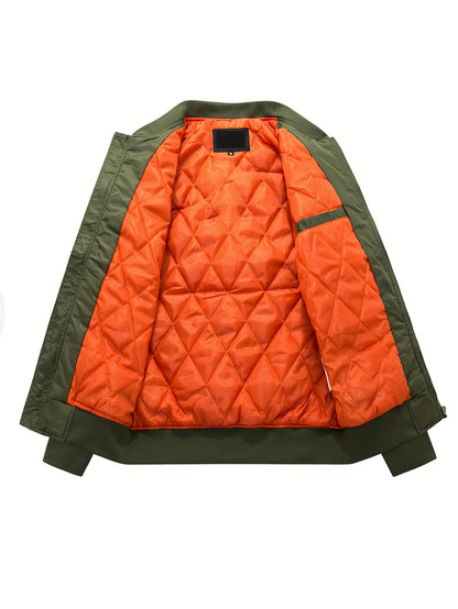 Men's Large Size Military Tactical Bomber Jacket - Army Air Force Pilot Winter Coat with Golden-Tone Zipper, Stand Collar & Full-Zip Front - Heavy-Duty Aviation-Ready Outerwear (Olive Green, Loose Fit) for Pilots & Collectors, PLUS SIZE, Casual Jacket For