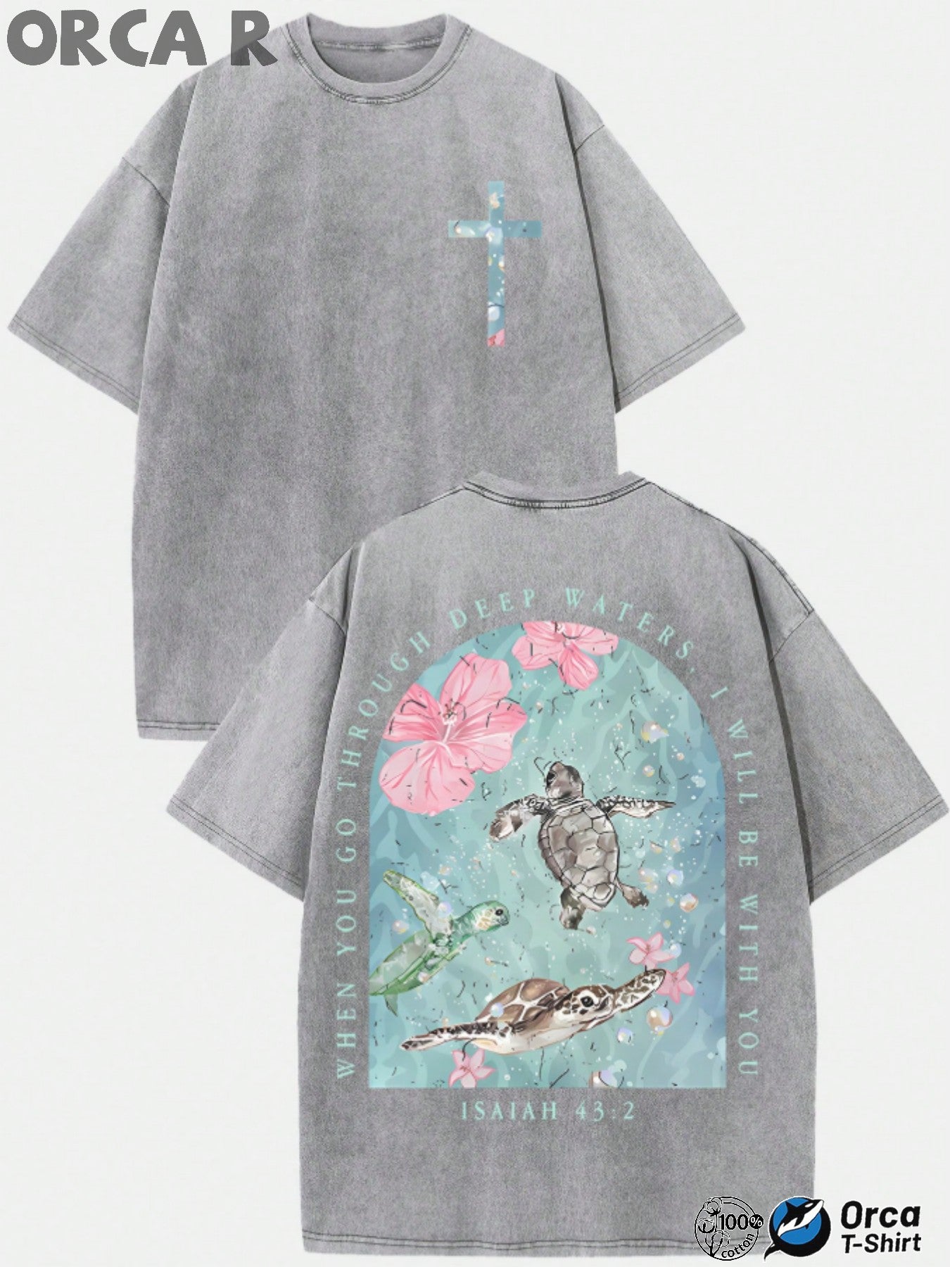 Men's Vintage Washed Pure Cotton T-Shirt - Oversized Streetwear Tee with Sea Turtle & Text Print ("I Will Be with You"), Loose Fit Casual Shirt, Machine Washable Soft Daily Wear