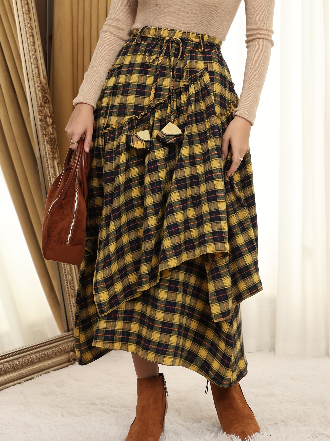 Victorian Gothic Handmade Fringe Plaid Skirt 2025 | Asymmetric Ruffle High-Waist Beach Skirt | Elastic Waist Multi-Layer Vacation Dress | Spring Summer Sweet Style Ladies Gift