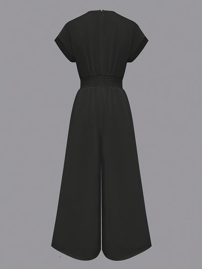 Women'S One-Piece Home Clothes, Solid Color Short-Sleeved V-Neck Wide-Leg Jumpsuit, Women'S Elegant Waist Pants, High-End Fashion Slim-Fitting Wide-Leg Pants with Pockets