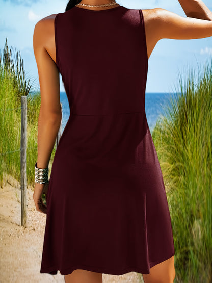 Women's Daily Summer V-Neck Sleeveless Tank Dress 2025 Casual Front Knot Detail Solid Color A-Line Sexy Dress