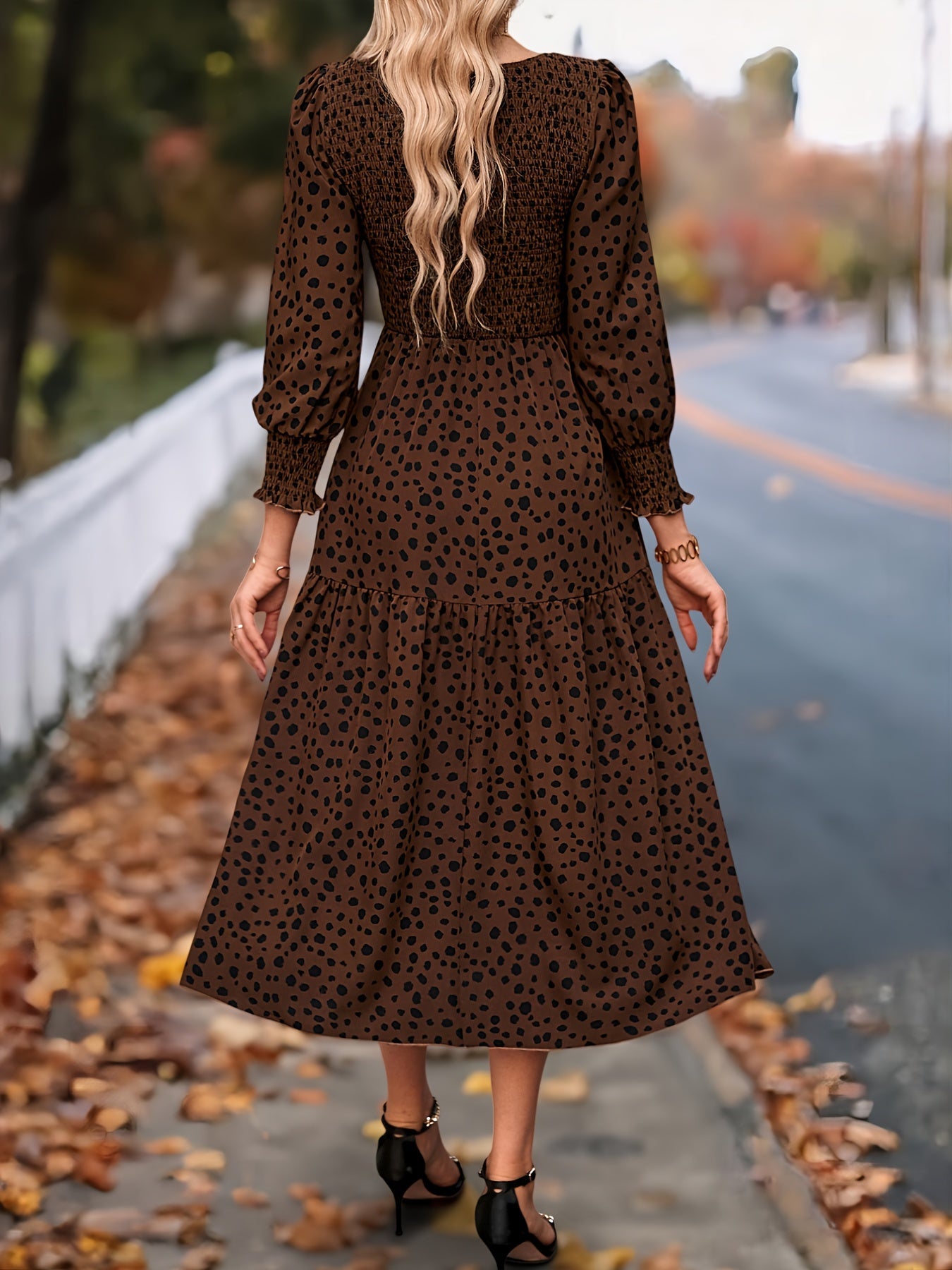 ZAFUL Spring Women's Clothing, Elegant Dress for Ladies with Long Sleeves and Round Neck Leopard Print, Commuting Elegant Dress, Women's Long Skirt