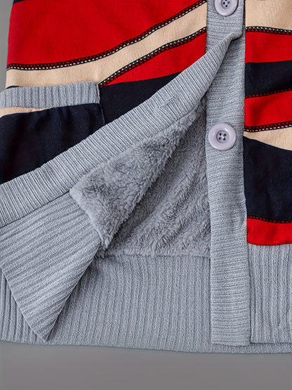 Women'S Fall Winter Casual Hooded Jacket, Warm Fleece Lined Long Sleeve Coat with Geometric Pattern And Colorblock Design