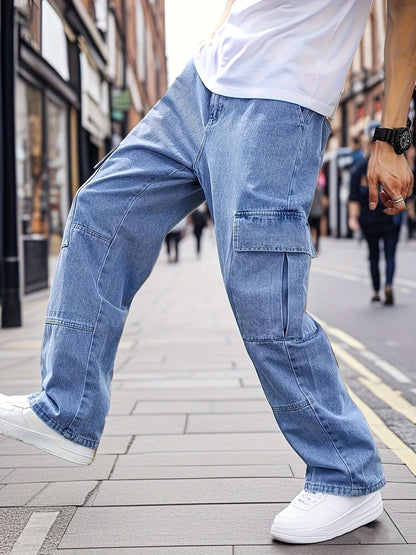 Men's Light Blue Denim Work Pants - Multi-Pocket Wide Leg Trousers Suitable for All- Outdoor Wear, Loose Fit High Street Style with Built-In Zipper Closure, Machine Washable Blended Denim for Casual & Work Pants