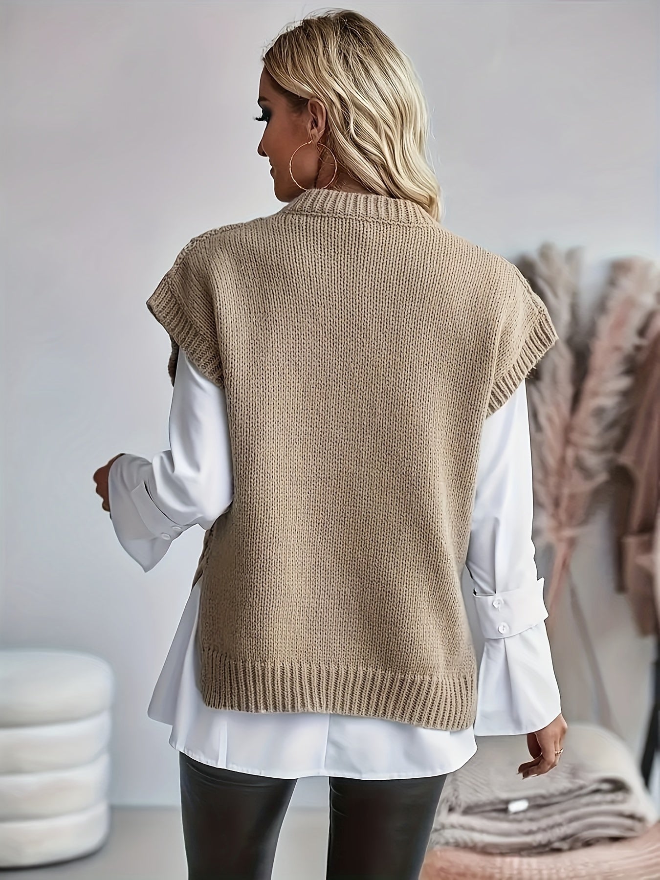 Women's Cable Sweater Vest - Sleeveless Round Neck Slit Hem Blouse, Solid Color Medium-Elastic Knitwear for Spring Summer Fall Layering, Casual & Semi-Formal Wear (Hand Washable)