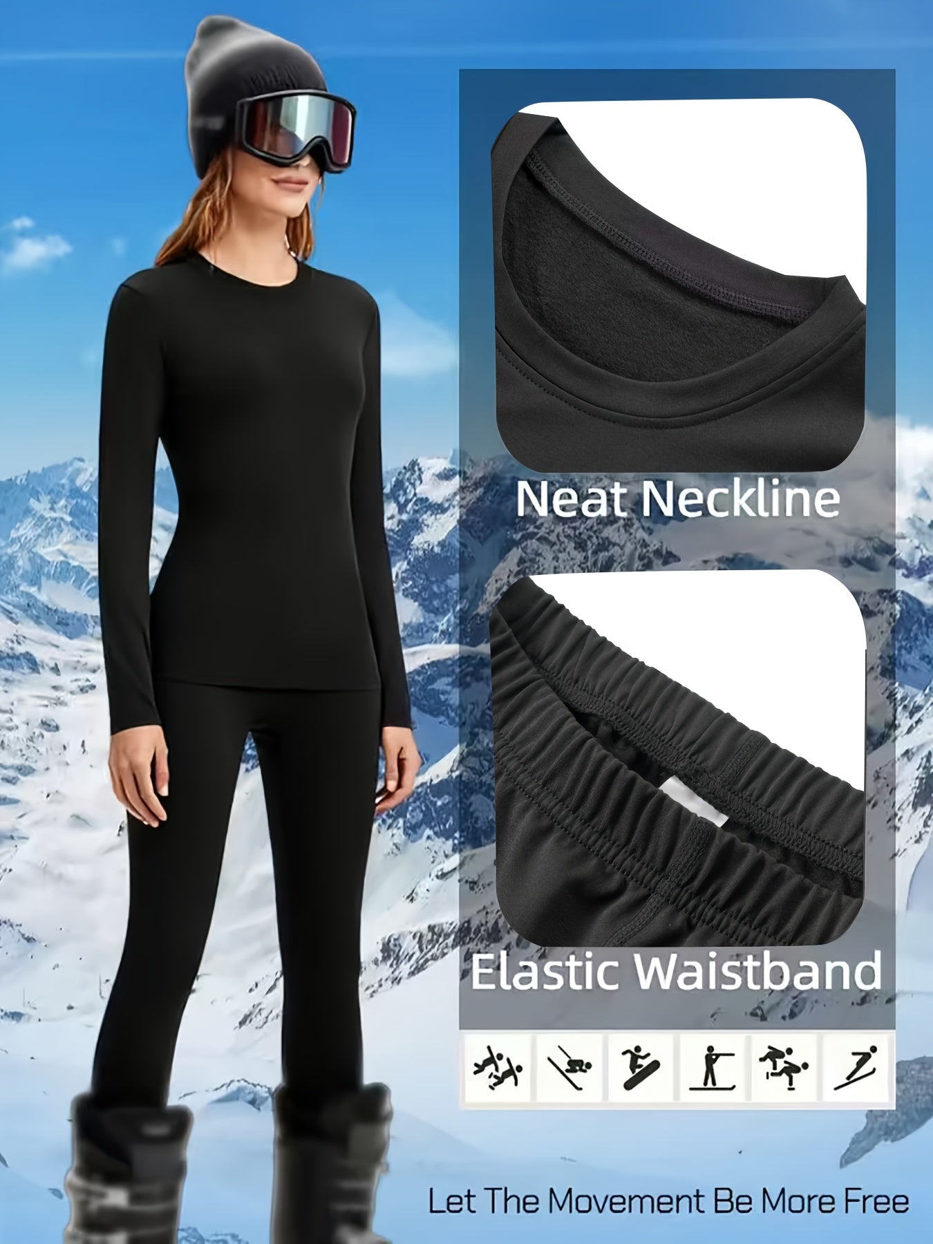 2pcs Women's Thermal Underwear Set, -Lined Leggings Compression Thermal Sleepwear, Loungewear & Activewear Base Layer Set Perfect for Winter Sports, Outdoor Adventures, And Everyday Casual Wear Ideal for Skiing, Yoga, And Cycling