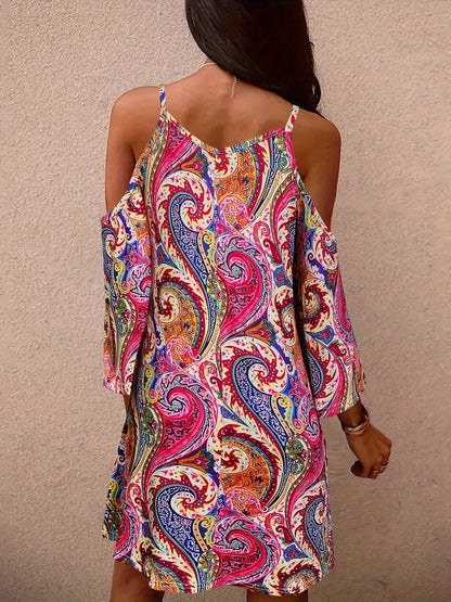 [Elegant Off-Shoulder Dress] Elegant Off-Shoulder Paisley Print Dress for Women - Spring/Summer Collection, Stretchy, Machine Washable, Summer Clothes for Women, Birthday Outfits Women, Vacation Outfits Women, Elegant Outfits for Women, Bohemian Clothes f