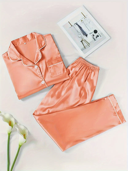 Women's Satin Casual Comfortable 1 Set 2pcs Pajama Outfit, Turn- Collar Long Sleeve Top & Elastic Waistband Trousers Women's Sleepwear