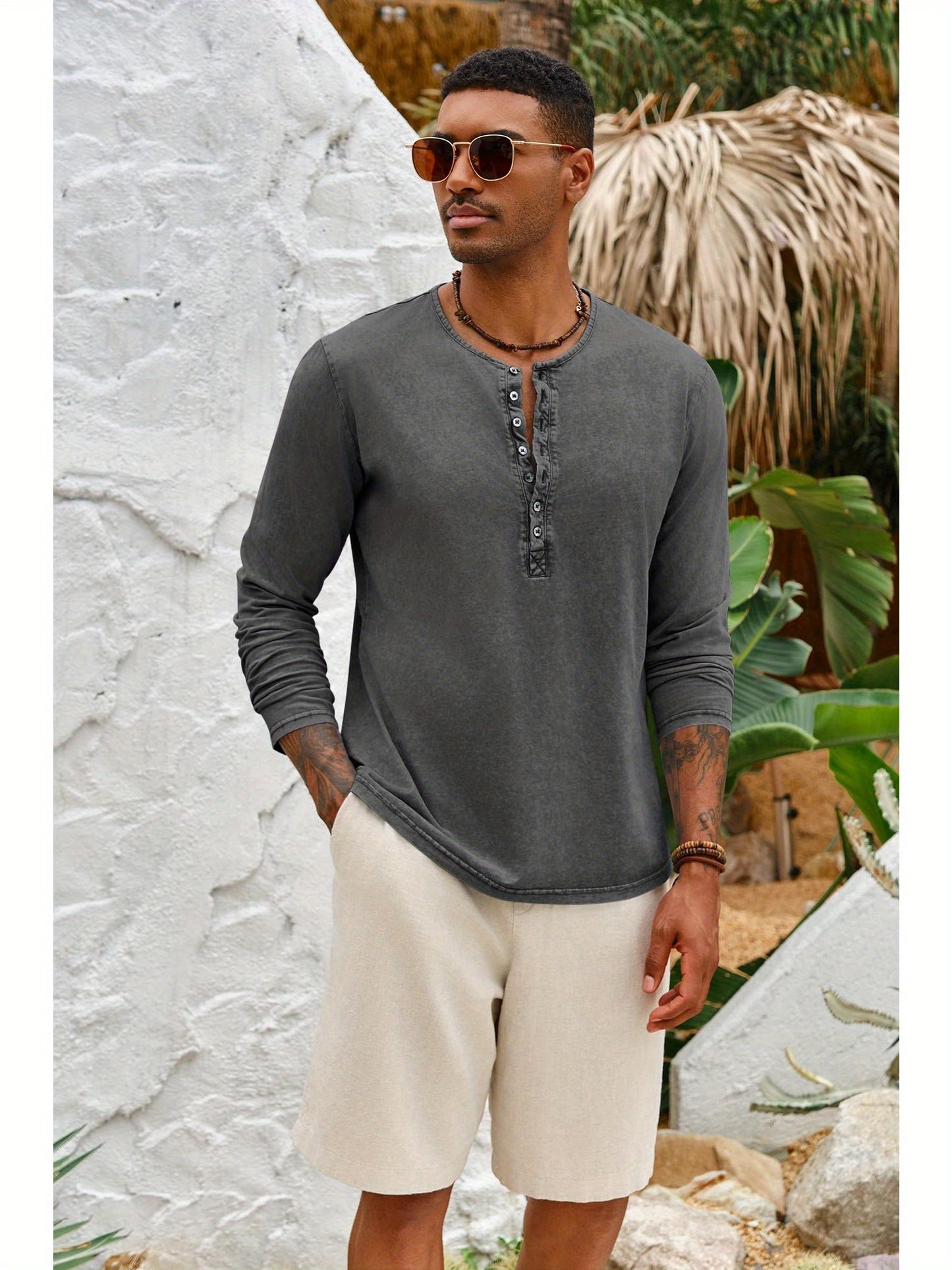 Men'S Distressed Henley Shirts with Front Placket, Retro Long Sleeve T-Shirts, Casual Button- Washed T-Shirts for Men