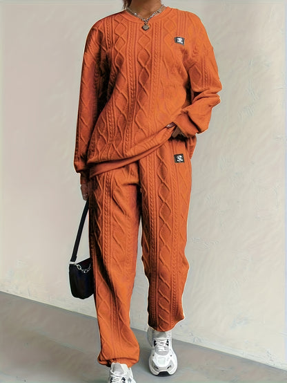 Women's Casual Pullover Two-piece Set, Suitable for Spring And Autumn, Consisting Of A Textured Long-sleeved Top And Jogging Pants