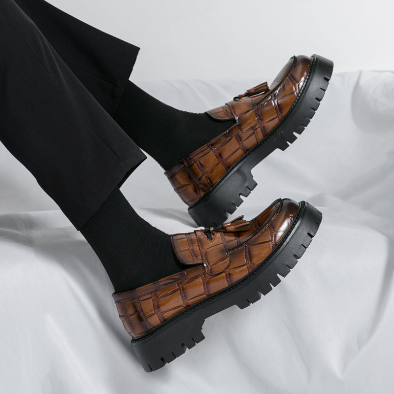 [Printed Platform Loafers] Men's Printed Platform Slip-On Penny Loafers Fashion Round Toe Tassel Decoration Non-Slip Lug Sole Business Dress Shoes for Driving Office Party