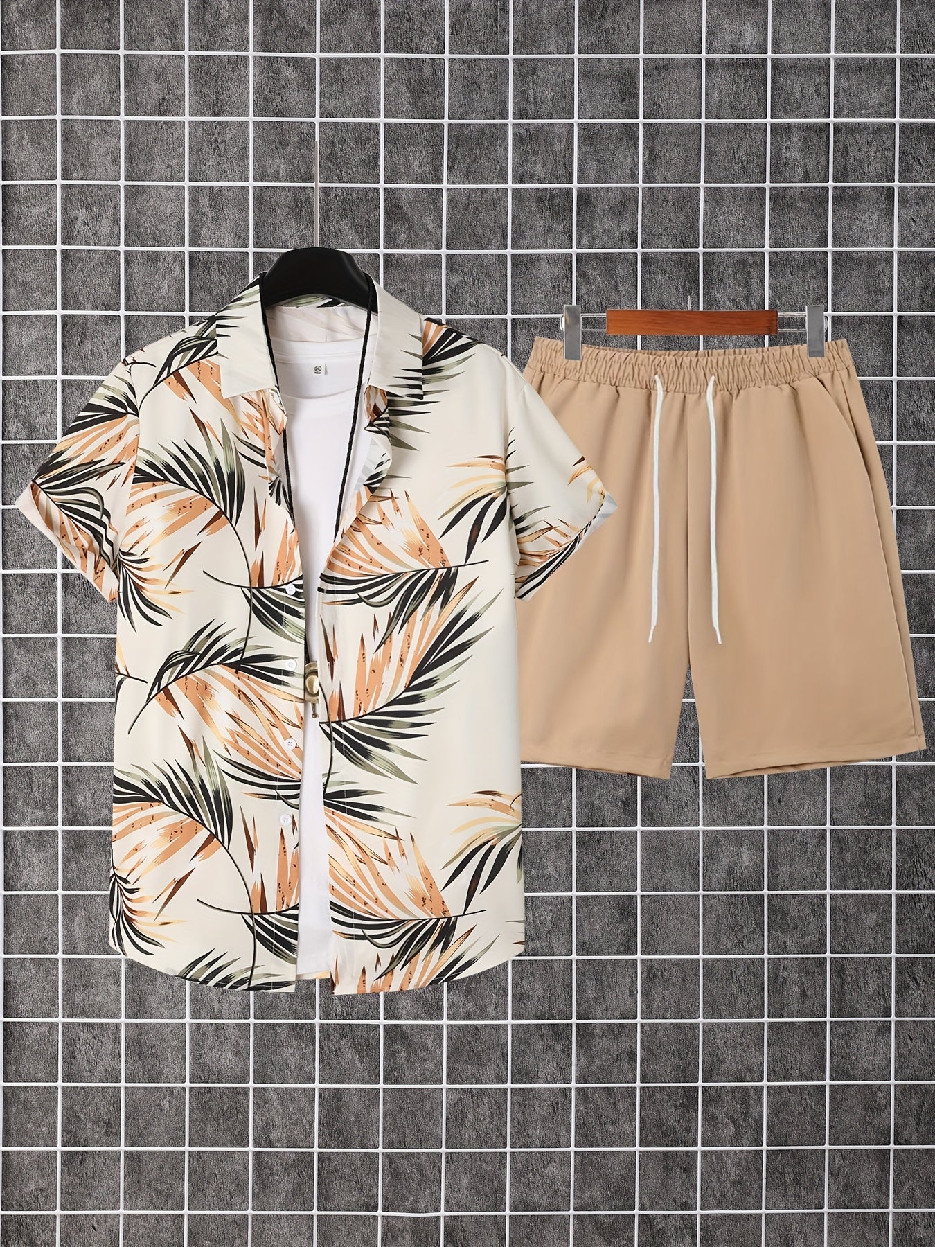 Men's 2pcs Set of Casual Leaf Print Collared Short-Sleeved Button-Up Shirt And Shorts, Suitable for Summer Outdoor Activities