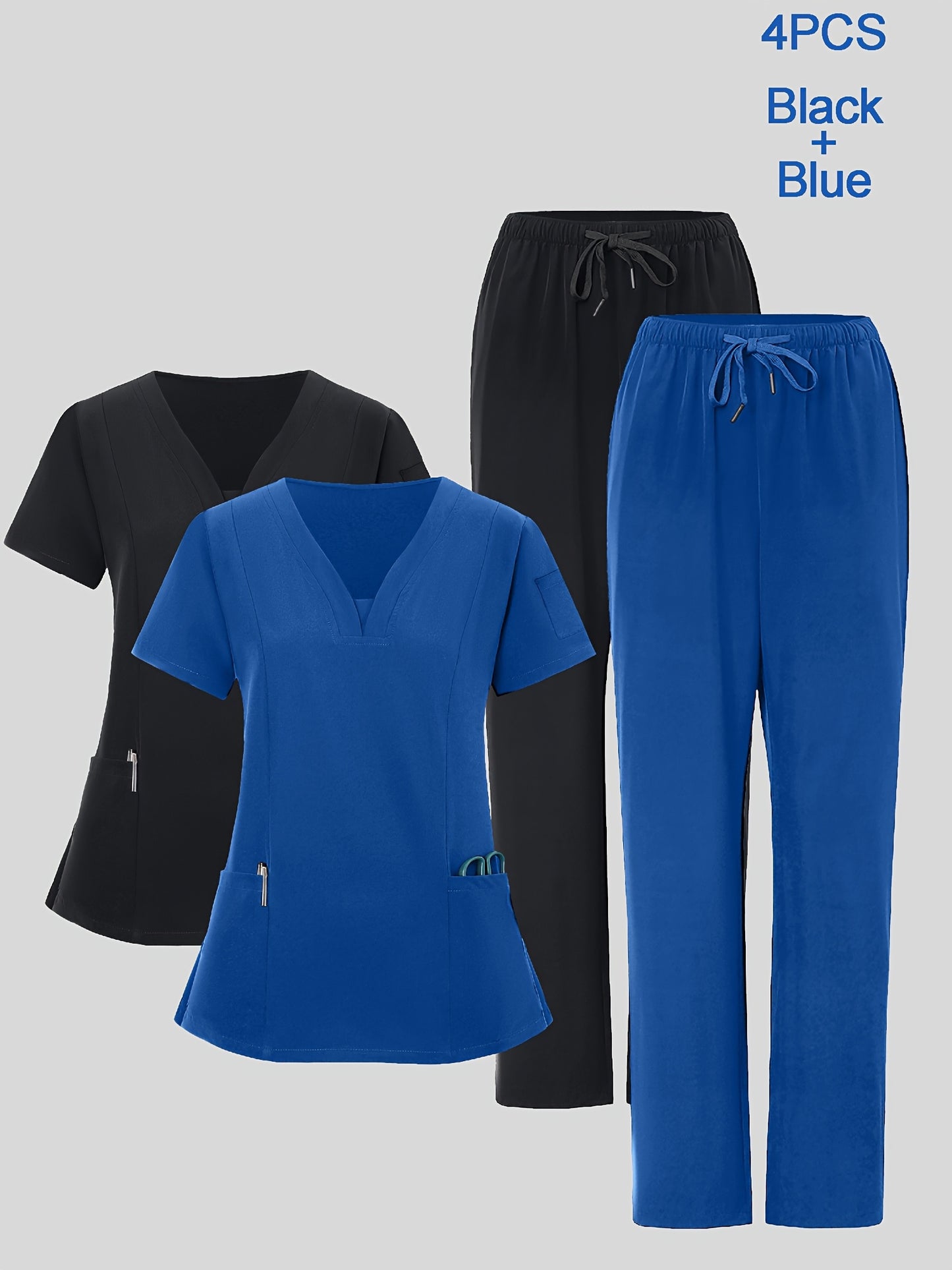 4pcs Set for Women'S V-Neck Matte Breathable Uniform Pocket Hand Washing Work Clothes Brush Hand Clothes Clothes Pants Set