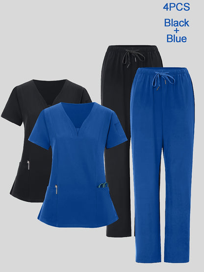 4pcs Set for Women'S V-Neck Matte Breathable Uniform Pocket Hand Washing Work Clothes Brush Hand Clothes Clothes Pants Set